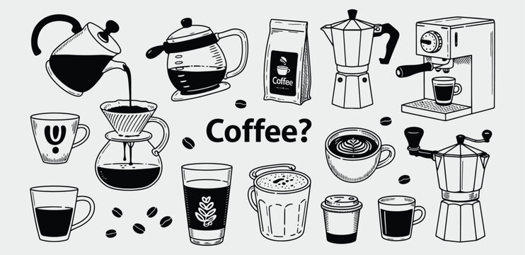 Vector art of a collection of handdrawn coffee illustrations featuring various brewing methods and cups