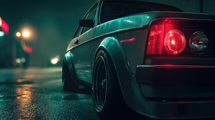 A low-angle, close-up view of a modified vintage car parked on a rain-slicked city street at night, its red taillight glowing intensely
