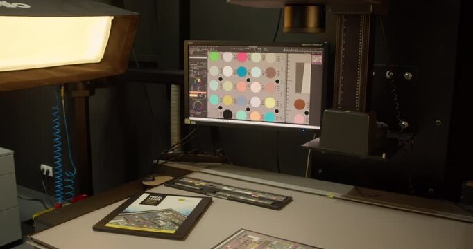 Professional digitization setup with a medium format camera system, color calibration charts, and monitor displaying color control software.