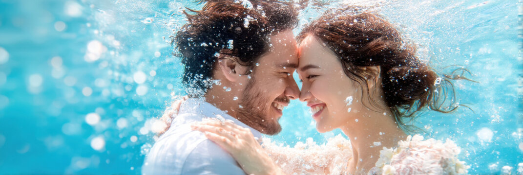 A joyful couple embraces and smiles intimately underwater with sparkling turquoise water surrounding them.