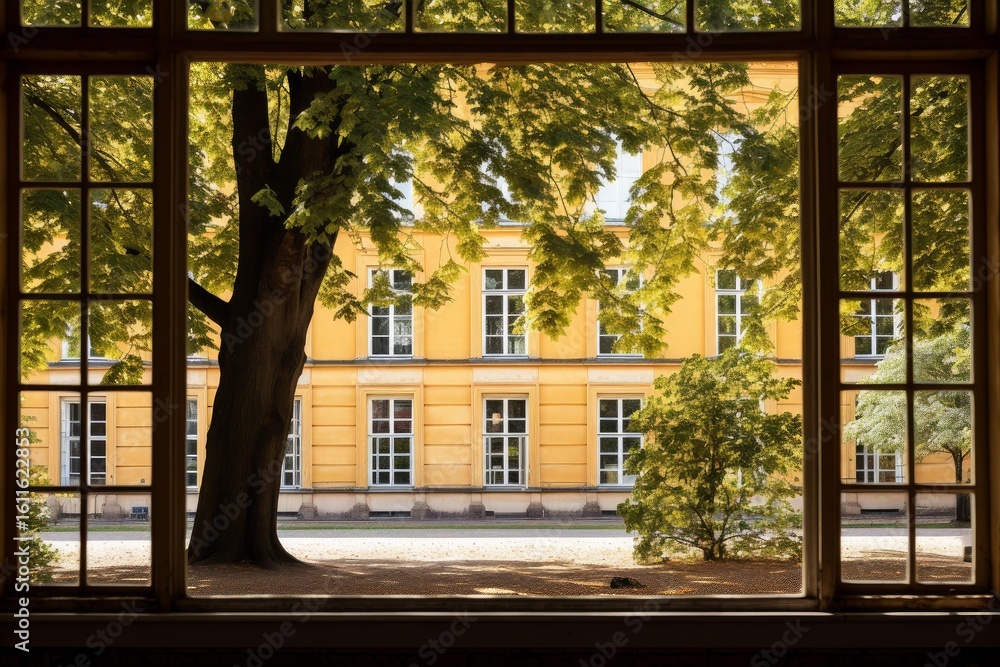 Poster sunlight illuminates trees and a yellow building viewed through a large, multi paned window