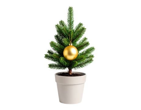 Mini Christmas Tree in Pot Decorated with Single Gold Ornament, Tabletop Style, White Background