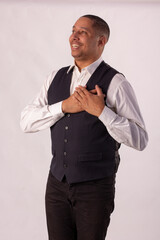 Adult male wearing elegant blazer, matching formal wear in studio shot with white background and making various facial expressions of mixed feelings