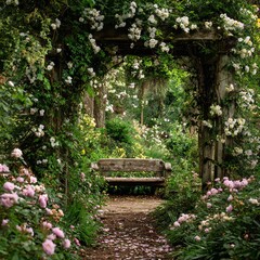 Secret Garden's Path: Discover a hidden world of natural beauty, where a rustic wooden archway welcomes you into a secret garden. Lush rose bushes and climbing vines create an enchanting atmosphere.