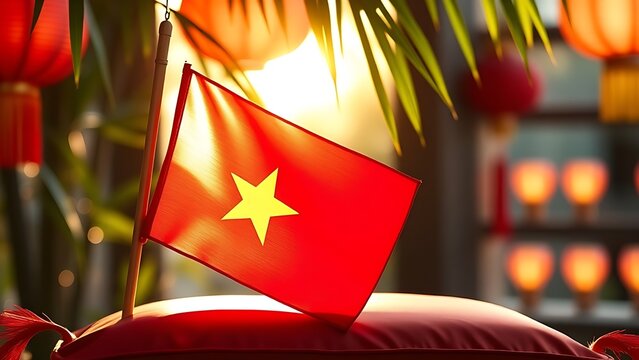 Vietnam National Day flag on silk cushion with bamboo leaves and lanterns