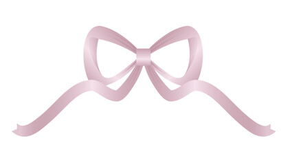 Soft pastel pink satin ribbon bow illustration, cute bow with long ends. Isolated design element for decoration.