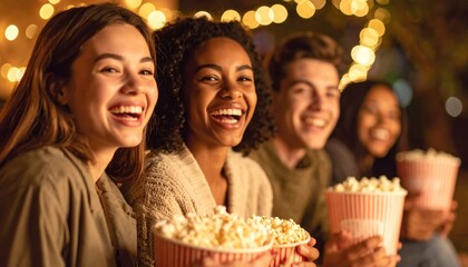 Joyful Friends Laughing Together, Enjoying Popcorn and Golden Bokeh Lights at Night