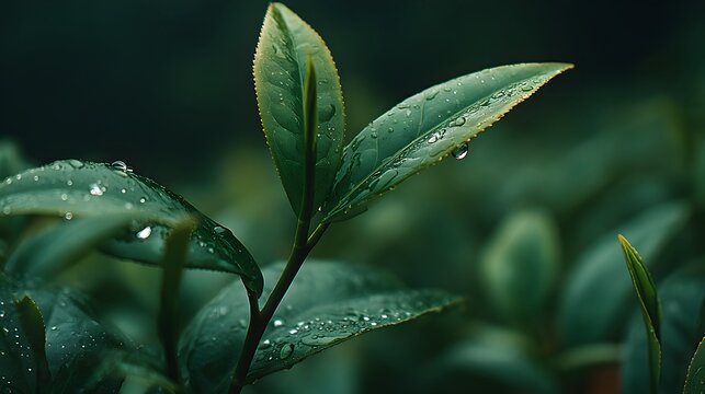 Close-up of fresh tea leaves covered in dew drops.