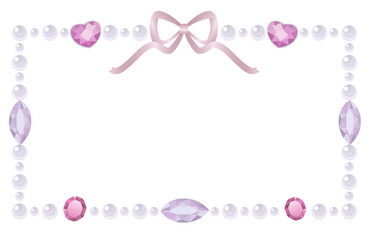 Horizontal frame with white pearls, pink and violet jewels and a pastel satin bow. Decorative element for design, banner, photo frame, notes.