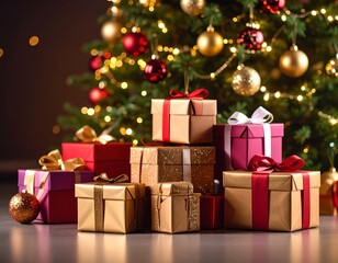 Obraz premium Christmas presents under a decorated tree