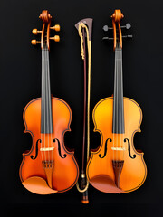 Naklejka premium Two violins bow and rope on black background musical instruments stringed instruments wood brown beige
