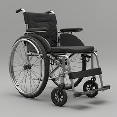 Fototapeta premium An empty manual wheelchair with a black seat and silver metal frame, shown from a three-quarter angle against a gray background.