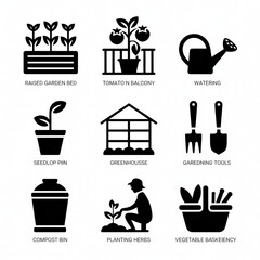 Gardening and Urban Farming Icon Set Black Silhouettes