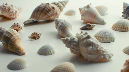 A serene close up view of beautiful seashells and conch shells on a minimalist white background. - Powered by Adobe