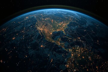 Dynamic Earth view showing global network connectivity across the Americas at night, perfect for technology themes