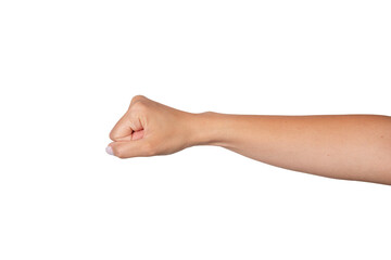 Caucasian woman's hand making a punch gesture, isolated on white background