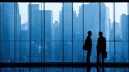 Two silhouetted business people stand discussing a deal in front of a large window overlooking a modern city skyline in an office environment with blue tones.