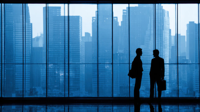 Two silhouetted business people stand discussing a deal in front of a large window overlooking a modern city skyline in an office environment with blue tones.