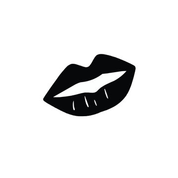 A black silhouette of human lips forms an exaggerated, lopsided smile against a plain white background