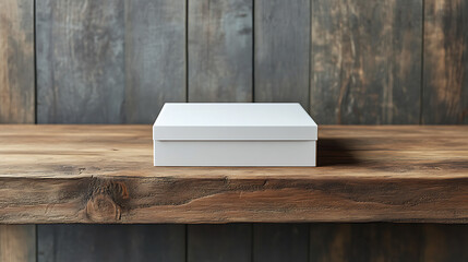 Minimal White Gift Box on Rustic Wooden Table – Packaging Mockup with Blank Lid