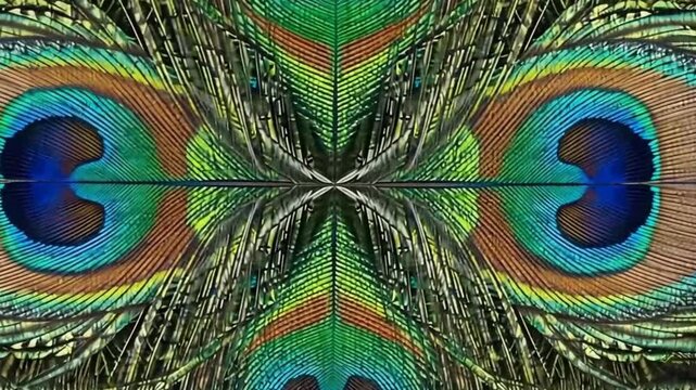 macro of overlapping peacock feathers with iridescent eyespot detail video