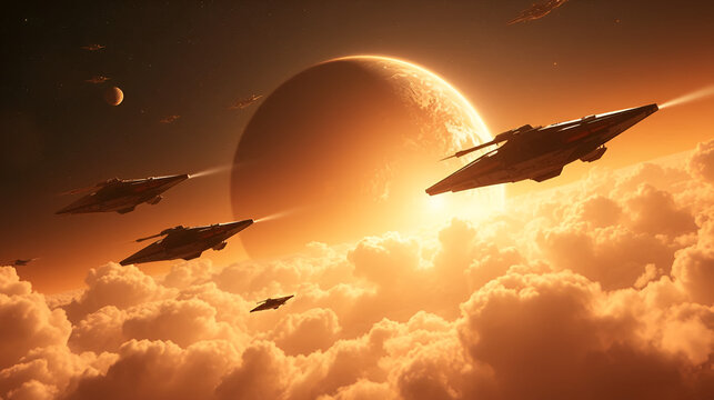 Futuristic spaceships orbit a luminous planet shrouded in nebula clouds. Conveys themes of exploration, technology, and science fiction. Great for web design, posters.