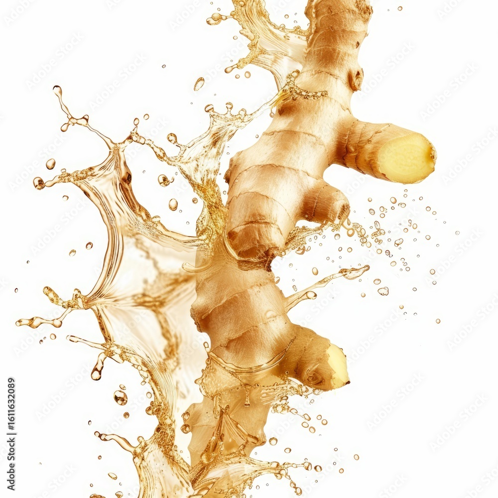 Poster fresh ginger root splashing into juice creating refreshing dynamic droplets