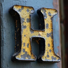 Yellow metal letter H is affixed weathered blue wooden background letter shows signs of wear and aging, highlighting its rustic character and historical charm