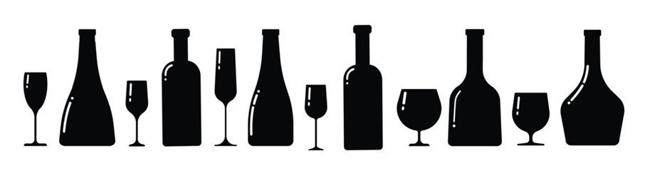  A set of silhouettes of alcohol bottles and glasses of different shapes. Horizontal banner. Vector clip art isolate on white.