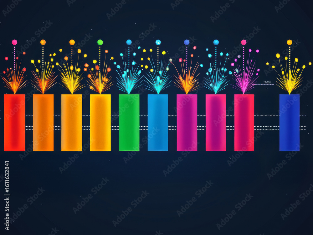 Poster visual displays timeline progressing explosion of colorful fireworks last step, signifying unexpecte