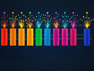 Visual displays timeline progressing explosion of colorful fireworks last step, signifying unexpected success in corporate setting gradient background
