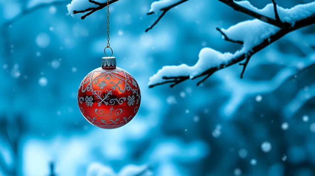 Ornament sways to and fro amidst a winter wonderland scene, winter, branch, cold