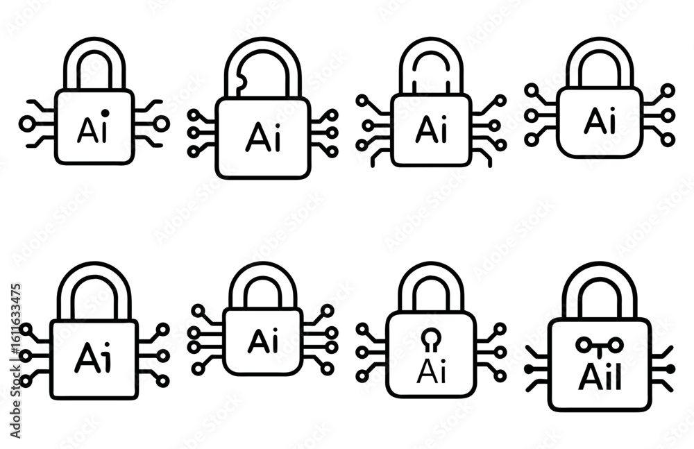 Poster vector eight ai padlocks with circuit boards in a line pattern on transparent background