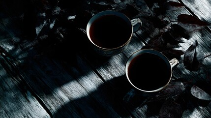 Two dark coffee cups on a weathered wooden surface.