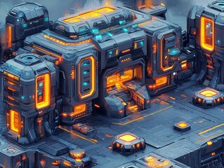 detailed isometric game UI design features sleek, interactive platform in bright neon colors Every click reveals surprising events in futuristic environment filled sharp perspectives