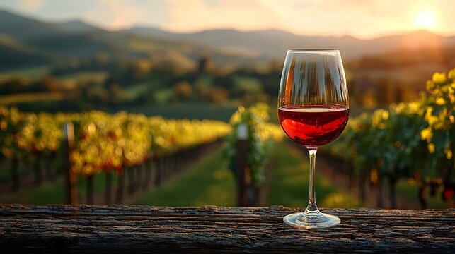 Glass of red wine overlooking a scenic vineyard landscape - Powered by Adobe