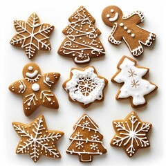 Delicious gingerbread cookies decorated with white icing sugar lying on white background