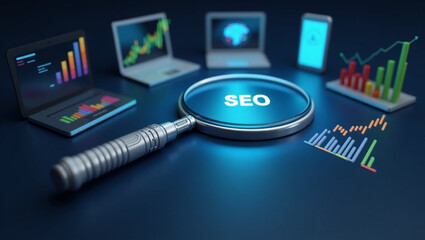 A Highly Detailed 3D Rendered SEO Magnifying Glass Illustrating the Importance of Search Optimization