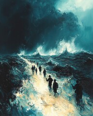 Israelites walk on dry seabed of Red Sea, surrounded towering walls of water Children point fish while adults express awe and gratitude, highlighting miraculous escape
