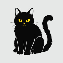 Spooky Halloween Black Cat Vector Illustration, Cute adorable fluffy black cat with bright yellow eyes sitting and looking forward.