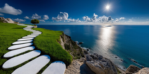 A vibrant coastal landscape featuring a winding stone path on a grassy cliff, leading towards a sparkling blue ocean under a bright, sunny sky with scattered clouds.