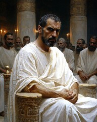 King Saul, burdened leadership, sits anxiously on his throne while messenger delivers news of Goliath's challenge Advisors surround him, their expressions filled concern