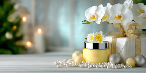 A luxurious and elegant beauty product display with a yellow cream jar, silver spheres, white pearls, and a gift box, all adorned with white orchids and a golden bow, set on a wooden surface with blur