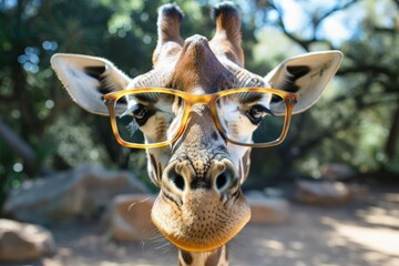 Close up of a giraffe wearing eyeglasses, looking smart and curious in its natural habitat