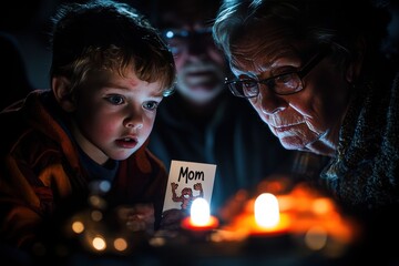 In warm, intimate moment, child excitedly hands adult drawing labeled Mom, showcasing their connection and love for family atmosphere is tender and engaging