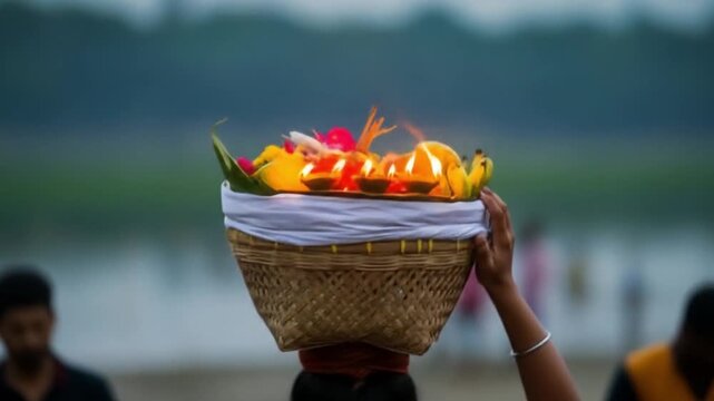 Chhath puja devotee offering prayers with balanced basket on head. Suitable for festival, cultural, religious, and spiritual concepts.