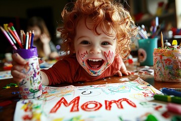cheerful child curly hair holds vibrant drawing word Mom while smiling widely background features various art supplies, showcasing lively creative atmosphere