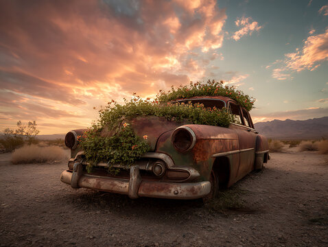 Fototapeta Abandoned vintage car overgrown with plants under a dramatic sunset sky
