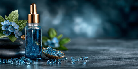 A luxurious blue essential oil dropper bottle with a gold top, surrounded by blue crystals, delicate blue flowers, and smooth black stacked stones, all on a dark textured surface