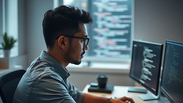 A focused developer working at a minimalist desk with a blurred code projection.